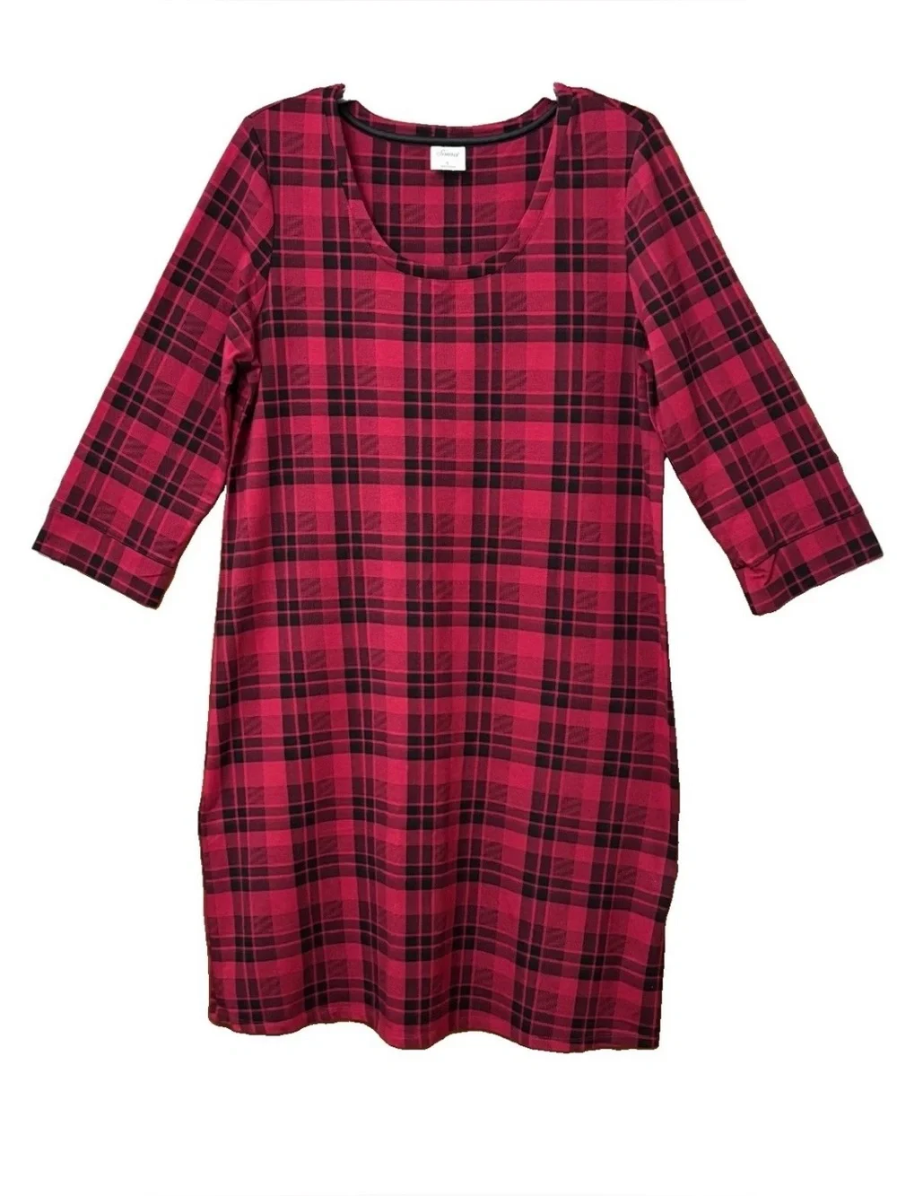 ♥️ SOMA EMBRACEABLE L RED & BLACK PLAID 3/4 SLEEVE STRETCH NIGHT SHIRT MODERN